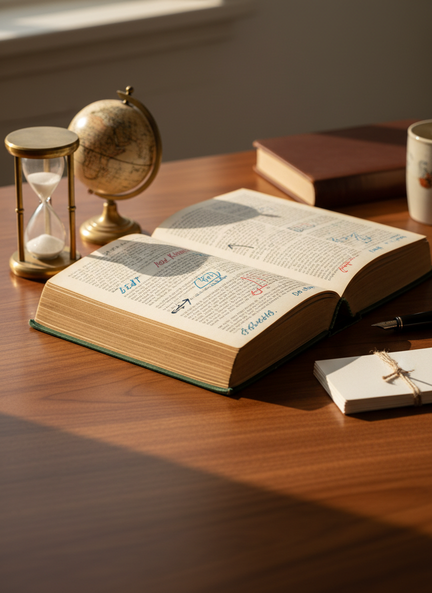 A thick, slightly worn hardcover book titled “Did You Know?” lies open at the center of a smooth walnut desk, its cream pages filled with small printed notes, arrows, and neatly underlined facts in different ink colors. Around it, a vintage brass hourglass, a small globe with muted earth tones, and a stack of index cards create a quiet study scene. Soft morning light from an unseen window washes in from the left, casting gentle shadows and subtle reflections on the polished wood. Photographic realism at an eye-level angle, with shallow depth of field that keeps the open book in crisp focus while the background blurs into a calm, professional atmosphere, ideal for a thoughtful history and ideas blog.