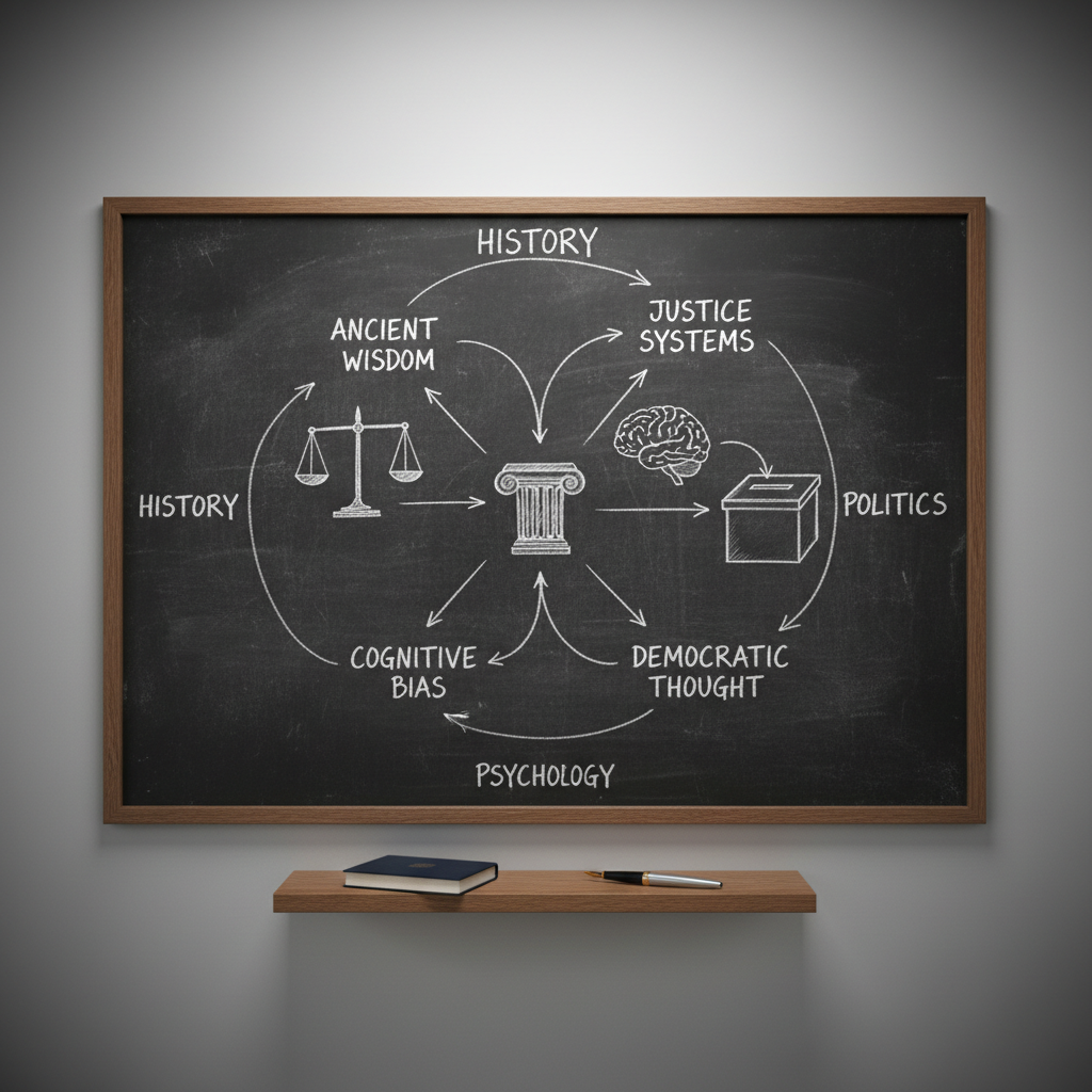 A large, slightly weathered chalkboard fills the frame, covered with meticulously drawn white diagrams connecting key ideas from history, philosophy, psychology, and politics: a small sketch of an ancient column, a balanced scale, a simple brain outline, and a minimalist ballot box. Thin arrows and precise handwritten labels link them into a clear conceptual web. The board is mounted on a clean, light-gray wall above a narrow oak shelf holding a single closed notebook and a sleek fountain pen. Soft, diffused overhead lighting creates gentle highlights in the chalk dust and a subtle vignette around the edges. Photographic realism from a straight-on, eye-level composition, with sharp focus throughout, conveying a modern, professional, intellectually curious mood.
